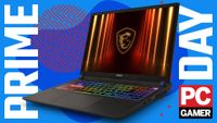 An MSI Vector 16 HX AI gaming laptop on a blue and red Prime Day deals background