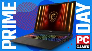 An MSI Vector 16 HX AI gaming laptop on a blue and red Prime Day deals background