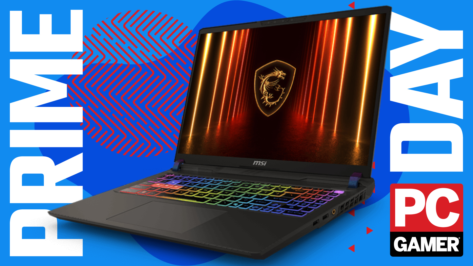 An MSI Vector 16 HX AI gaming laptop on a blue and red Prime Day deals background