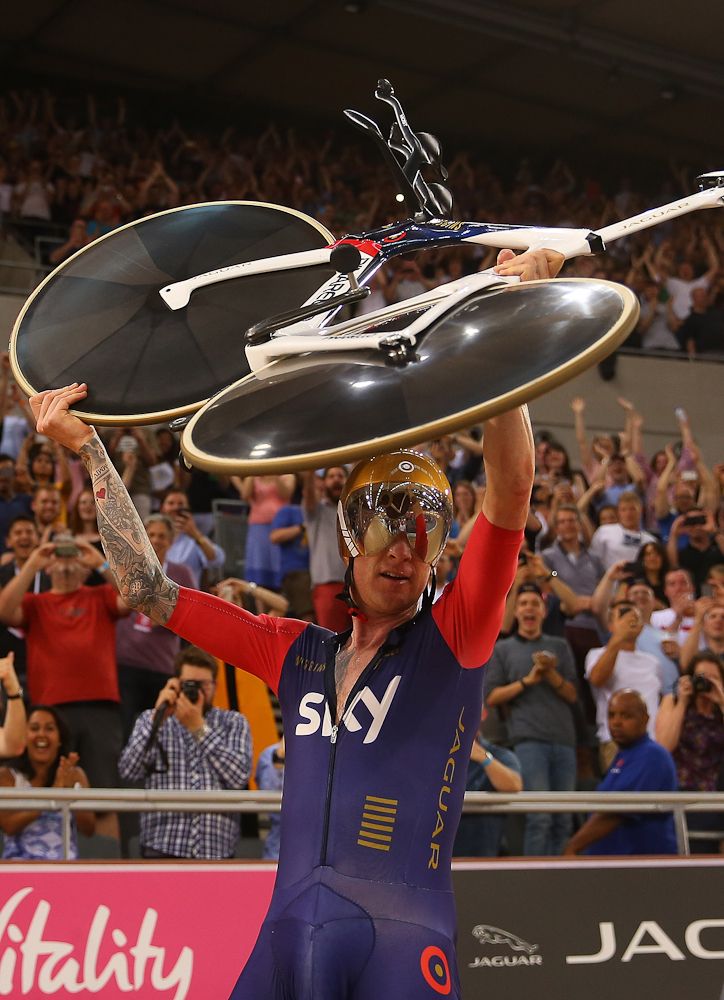 Bradley Wiggins celebrates breaking the UCI Hour Record at Lee Valley Velopark Velodrome in London.