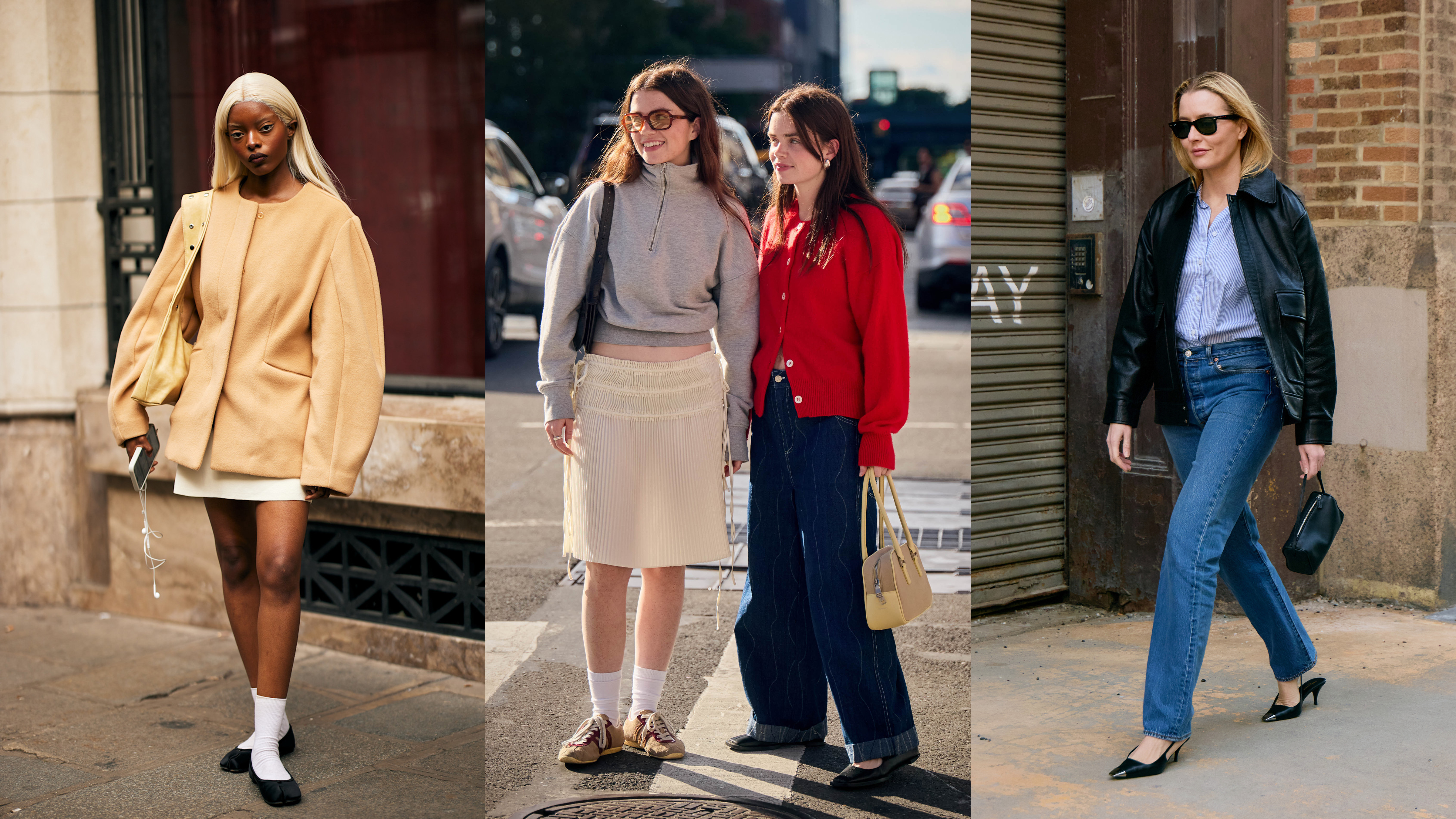 A woman in a yellow collarless jacket, a mini skirt, and black flats; a pair of women in NYC; a woman wearing cigarette jeans, a button-down shirt, and a black leather jacket