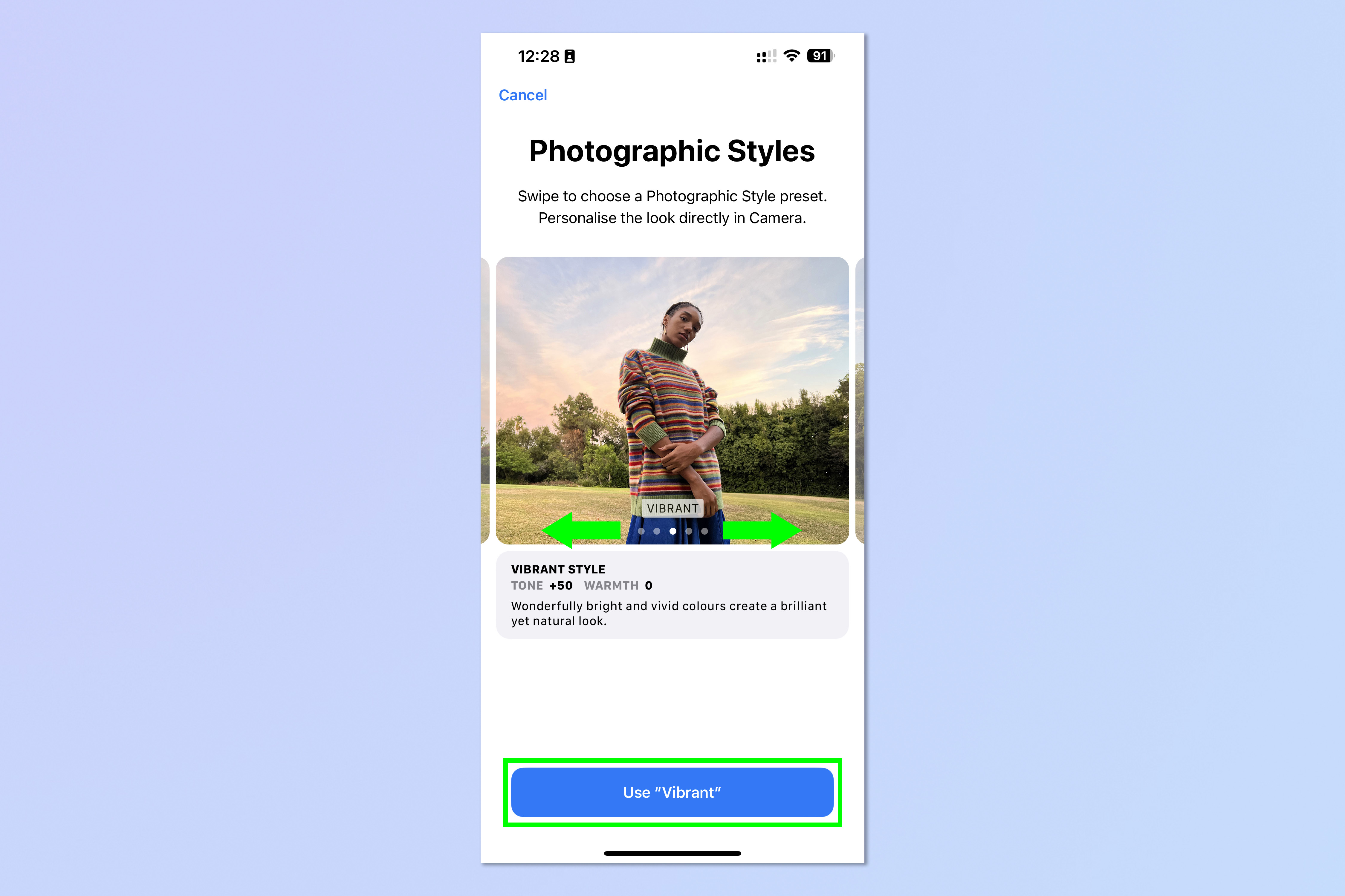 Снимок экрана, показывающий шаги, необходимые для установки фотографических стилей на iPhone.
