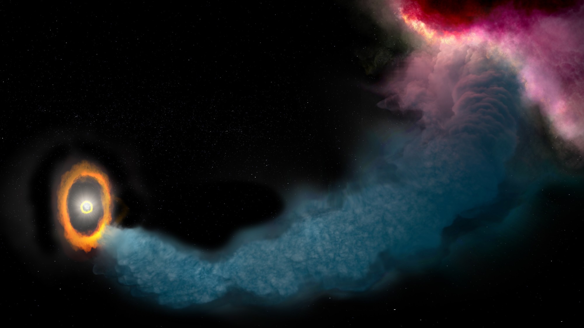 a tendril of blue-grey gas curves its way across a starry background toward a ring of bright orange gas around two brighter, smaller rings inside of it