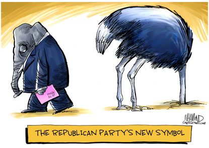 Political Cartoon U.S. GOP Trump impeachment evidence Ostrich symbol&amp;amp;nbsp;