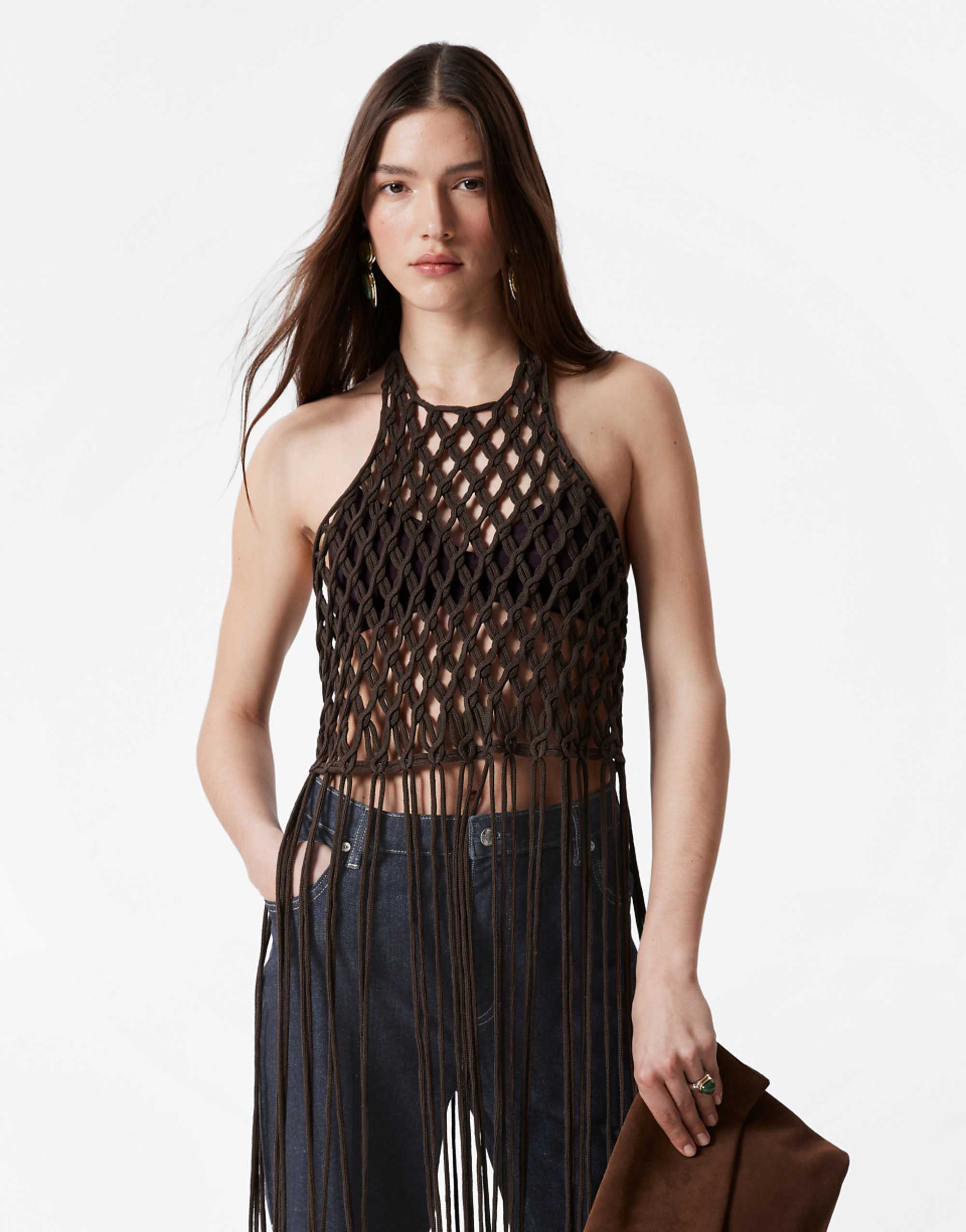 &amp;amp; Other Stories Knitted Open Crochet Top With Maxi Length Fringing in Dark Brown