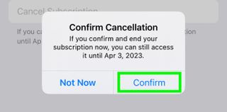 The Confirm button is highlighted, pointing out that you need to tap it to finish canceling a subscription on an iPhone