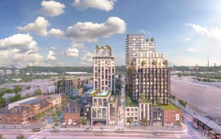 Mirvish Village by Henriquez Partners Architects. An overview image of a large apartment building in a town.