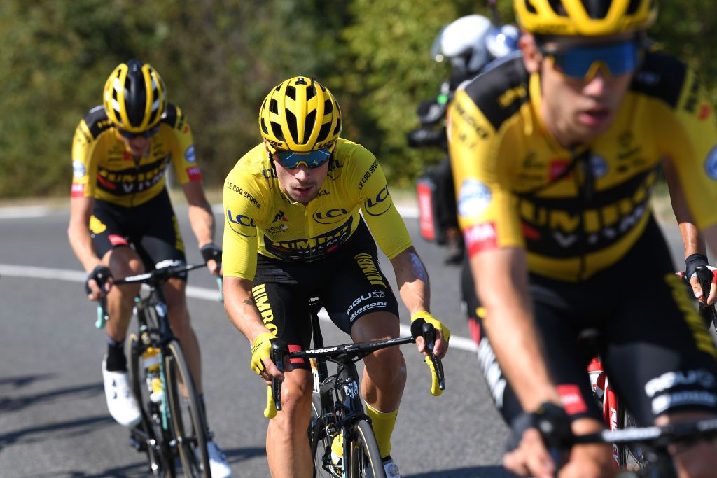 GRAND COLOMBIER FRANCE SEPTEMBER 13 Primoz Roglic of Slovenia and Team Jumbo Visma Yellow Leader Jersey during the 107th Tour de France 2020 Stage 15 a 1745km stage from Lyon to Grand Colombier 1501m TDF2020 LeTour on September 13 2020 in Grand Colombier France Photo by Tim de WaeleGetty Images