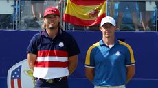 Sam Burns and Rory McIlroy pose before their 2023 Ryder Cup singles match