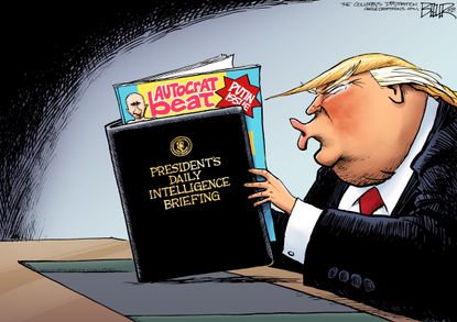 Political cartoon U.S. Trump daily intelligence briefing Putin Helsinki summit autocrat