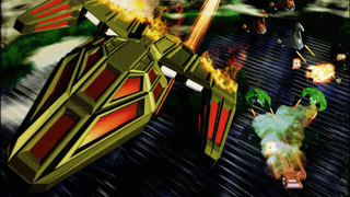 A spaceship races through the cosmos while being shot at by other ships.