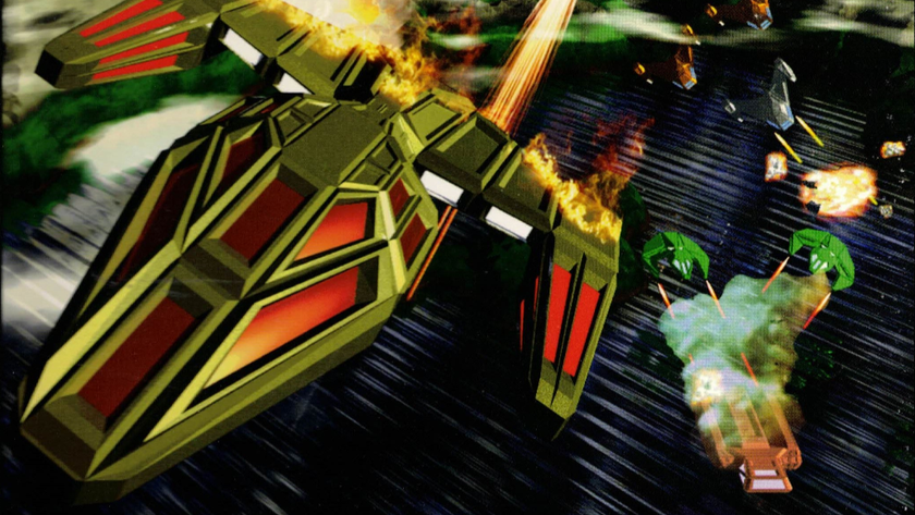 A spaceship races through the cosmos while being shot at by other ships.