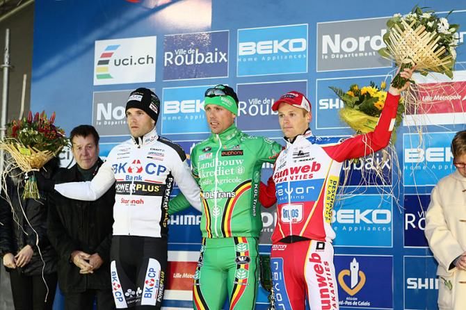 Elite men's Roubaix podium: Niels Albert, Sven Nys, Kevin Pauwels