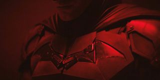A close-up of the armor on Robert Pattinson's Batman suit