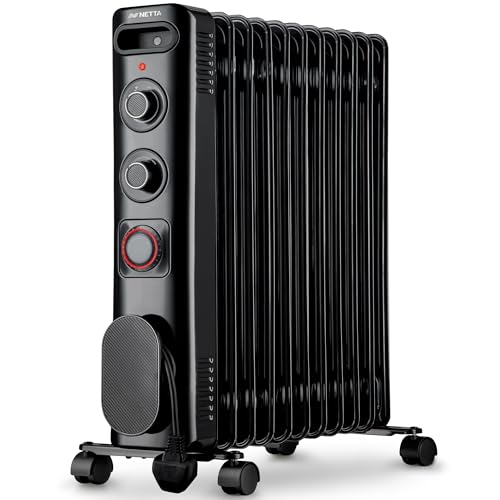 Netta Oil Filled Radiator 2500w Portable Electric Heater With Thermostat &amp;amp; 24 Hour Timer 2 Power Settings Home Office Energy Efficiency &amp;ndash; 11 Fin, Black