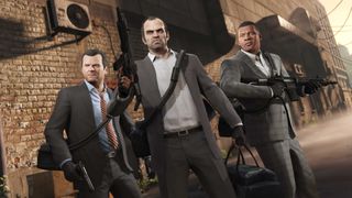 GTA 5 Characters Michael Trevor and Franklin on a bank heist
