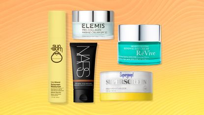 A collage of Marie Claire's best face moisturizers with SPF including Sun Bum, NARS, Elemis, ReVive, and Supergoop! products against a yellow background.