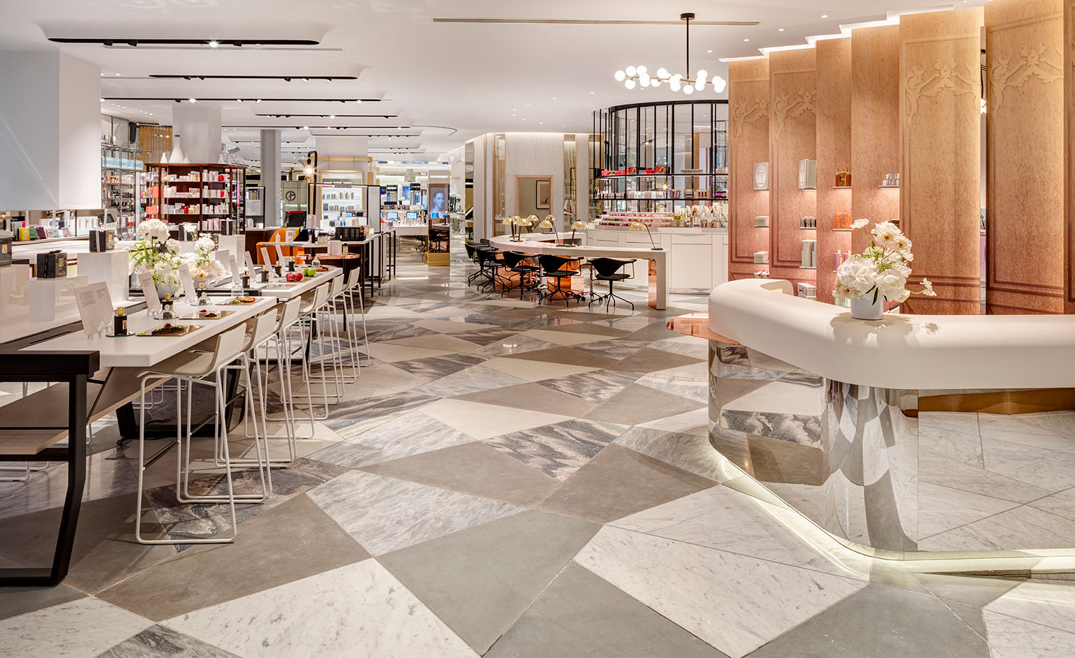 Interior with textured marble, mirrors and glass