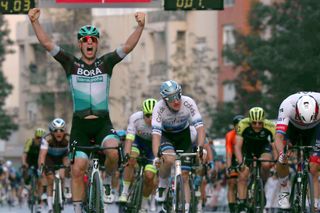 ROQUETAS DE MAR SPAIN FEBRUARY 16 Arrival Pascal Ackermann of Germany and Team Bora Hansgrohe Celebration Alexander Kristoff of Norway and UAE Team Emirates Elia Viviani of Italy and Team Cofidis Solutions Credits Luka Mezgec of Slovenia and Team Mitchelton Scott during the 33rd Clsica de Almera 2020 a 1876km stage from Roquetas de Mar to Roquetas de Mar ClasicaAlmeria on February 16 2020 in Roquetas de Mar Spain Photo by Gonzalo Arroyo MorenoGetty Images