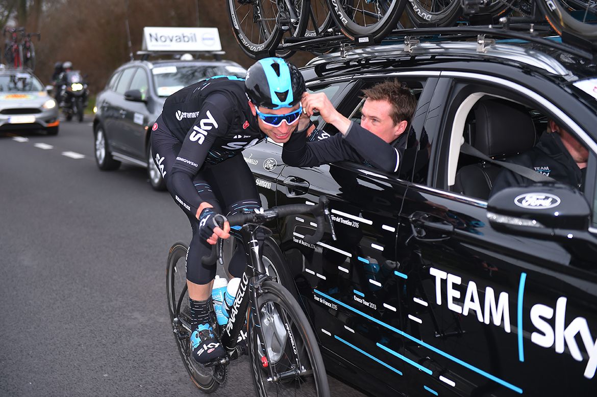 Lukasz Wisniowski back at the Sky team car at Kuurne-Brussel-Kuurne