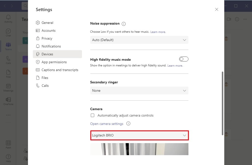 Microsoft Teams default camera setting
