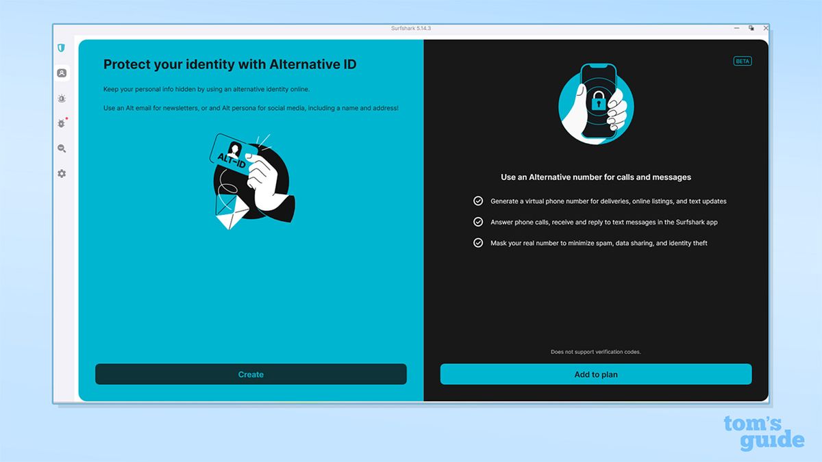Surfshark's Alternative ID feature on its Windows app. The screen is split into two sections: Alt-ID and Alternative Number.