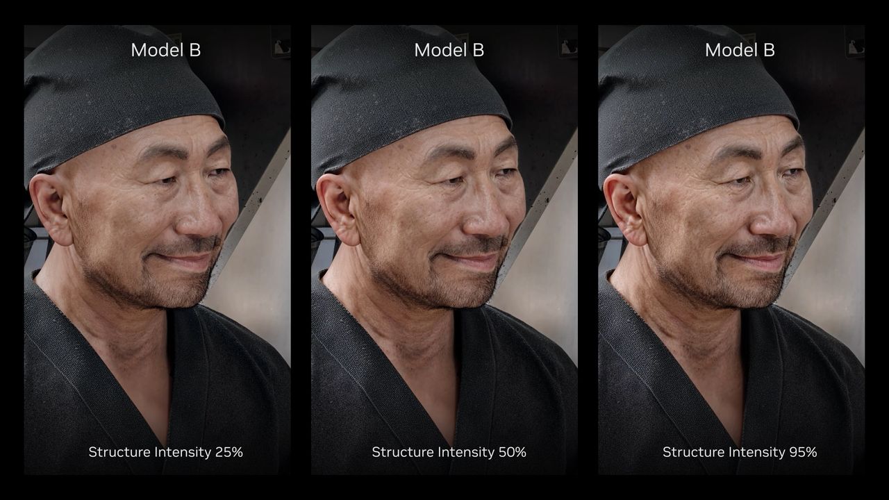 Three images of the same game character being adjusted by DLSS 5 model B with varying levels of structural intensity