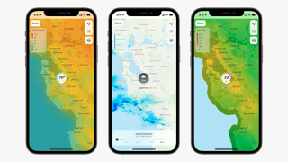 Three iPhones side by side, showing weather information