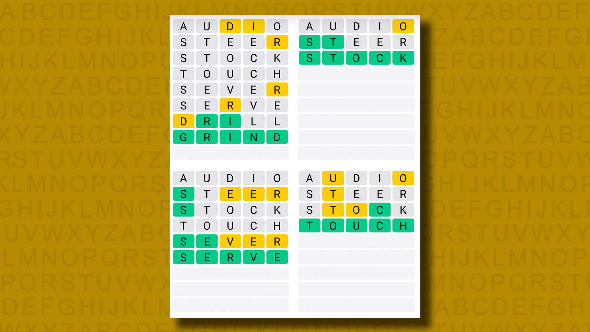 Quordle answers for game 1096 on a yellow background