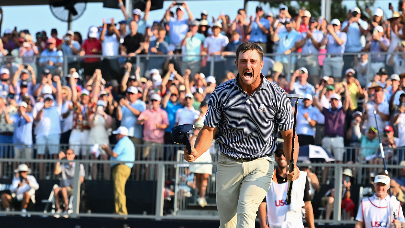 Bryson DeChambeau celebrates his putt at the 2024 US Open