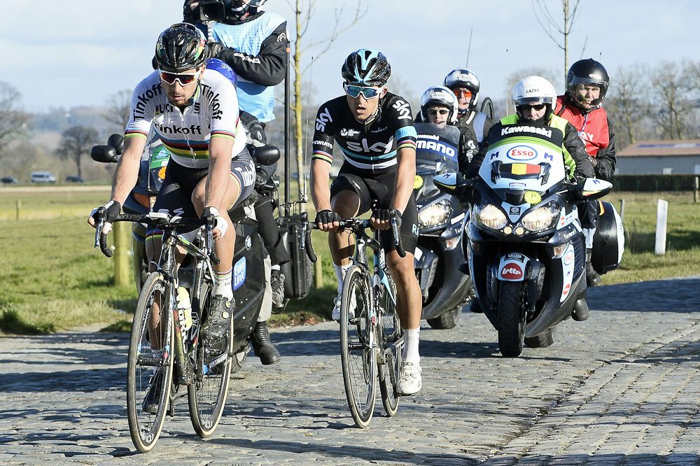 Escapees Michal Kwiatkowski (Team Sky) and Peter Sagan (Tinkoff) ride toward the finish of E3 Harelbeke