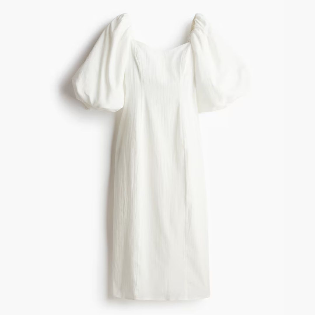 H&M Balloon-Sleeve White Midi Dress