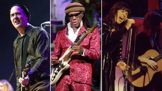 (from left) Krist Novoselic, Nile Rodgers, Ann Wilson and Nancy Wilson perform onstage