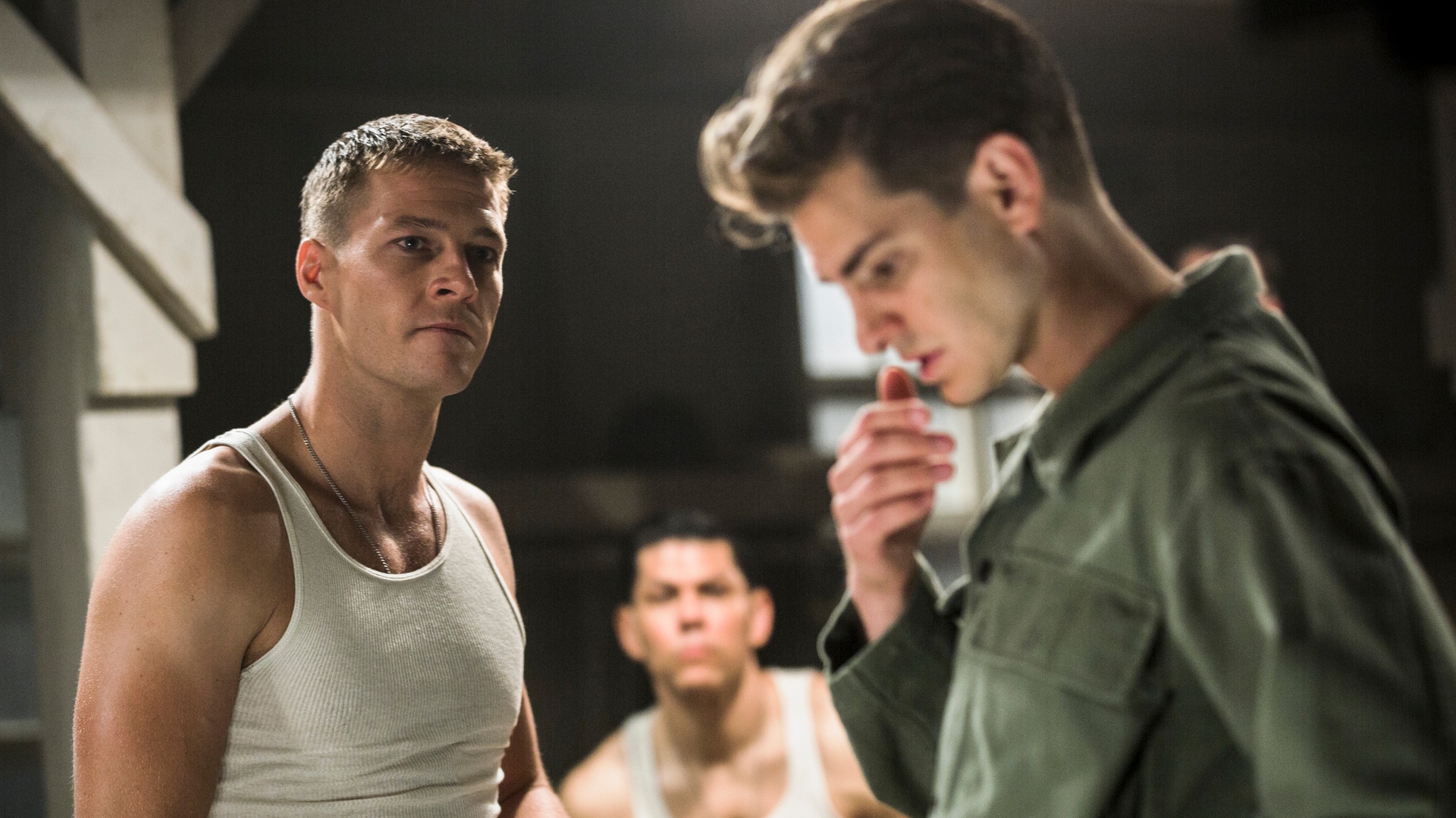 Two actors standing opposite eachother in the film Hacksaw Ridge 
