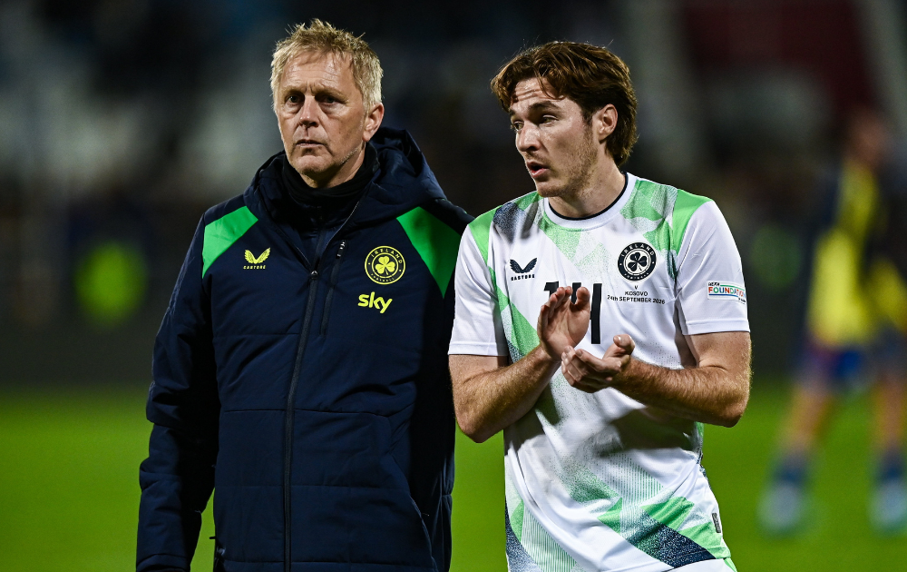 Republic of Ireland head coach Heimir Hallgrimsson and Conor Coventry following their side's defeat in the UEFA Nations League B match between Kosovo and Republic of Ireland
