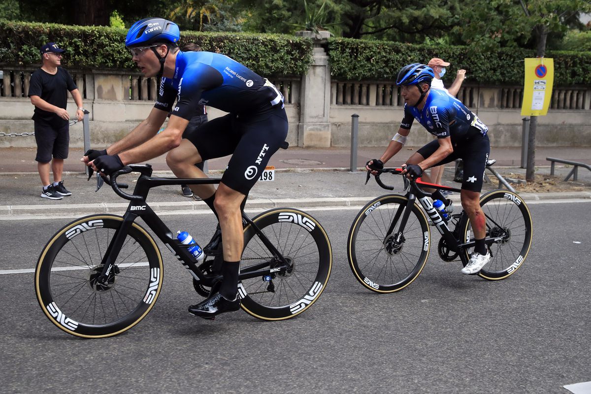 Max Walscheid leads NTT teammate Domenico Pozzovivo on the opening stage of the 2020 Tour de France