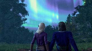 Baldur's Gate 3 Gale and Tav looking up at aurora in the sky