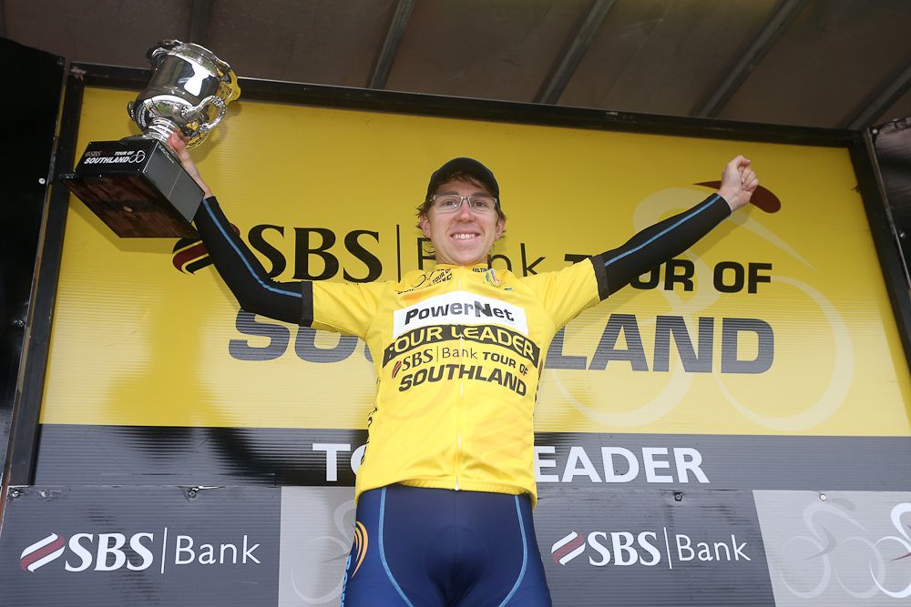 Brad Evans of Dunedin celebrates winning the Tour of Southland