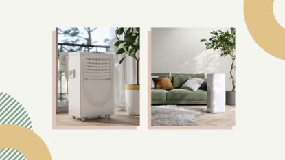 Compilation image showing two units to compare an air conditioner vs dehumidifier 
