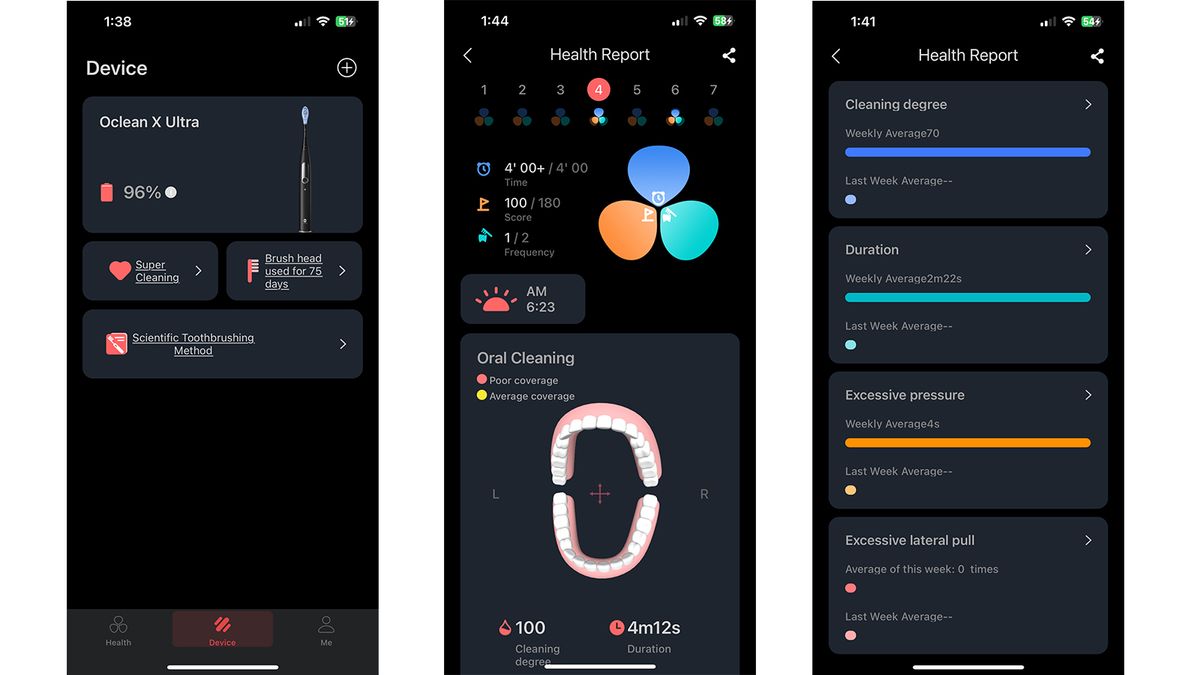 Screenshots of the Oclean Care+ app showing brushing and brush data