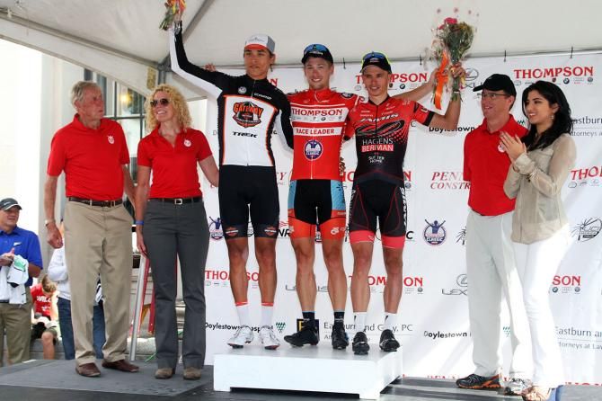 The Thompson Family along with Ms. Philadelphia, congratulate the Men&rsquo;s podium: 2nd place, Cole House (Gateway Harley Davidson/Trek U23 Cycling Team) 1st place Shane Kline (Team Smartstop Pro Cycling) 3rd place, Daniel Alexander Jaramillo Diez (Jamis Hagens Berman)