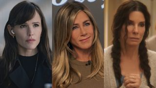 From left to right: a press image of Jennifer Garner in The Last Thing He Told Me, a press image of Jennifer Aniston in The Morning show and a screenshot of Sandra Bullock in Practical Magic 2. 
