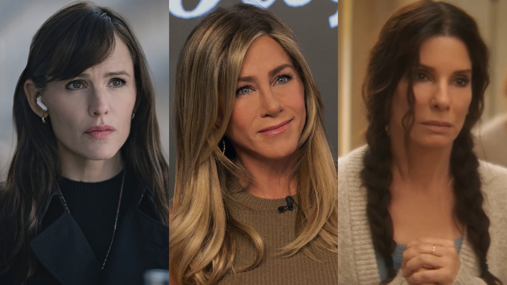 From left to right: a press image of Jennifer Garner in The Last Thing He Told Me, a press image of Jennifer Aniston in The Morning show and a screenshot of Sandra Bullock in Practical Magic 2. 