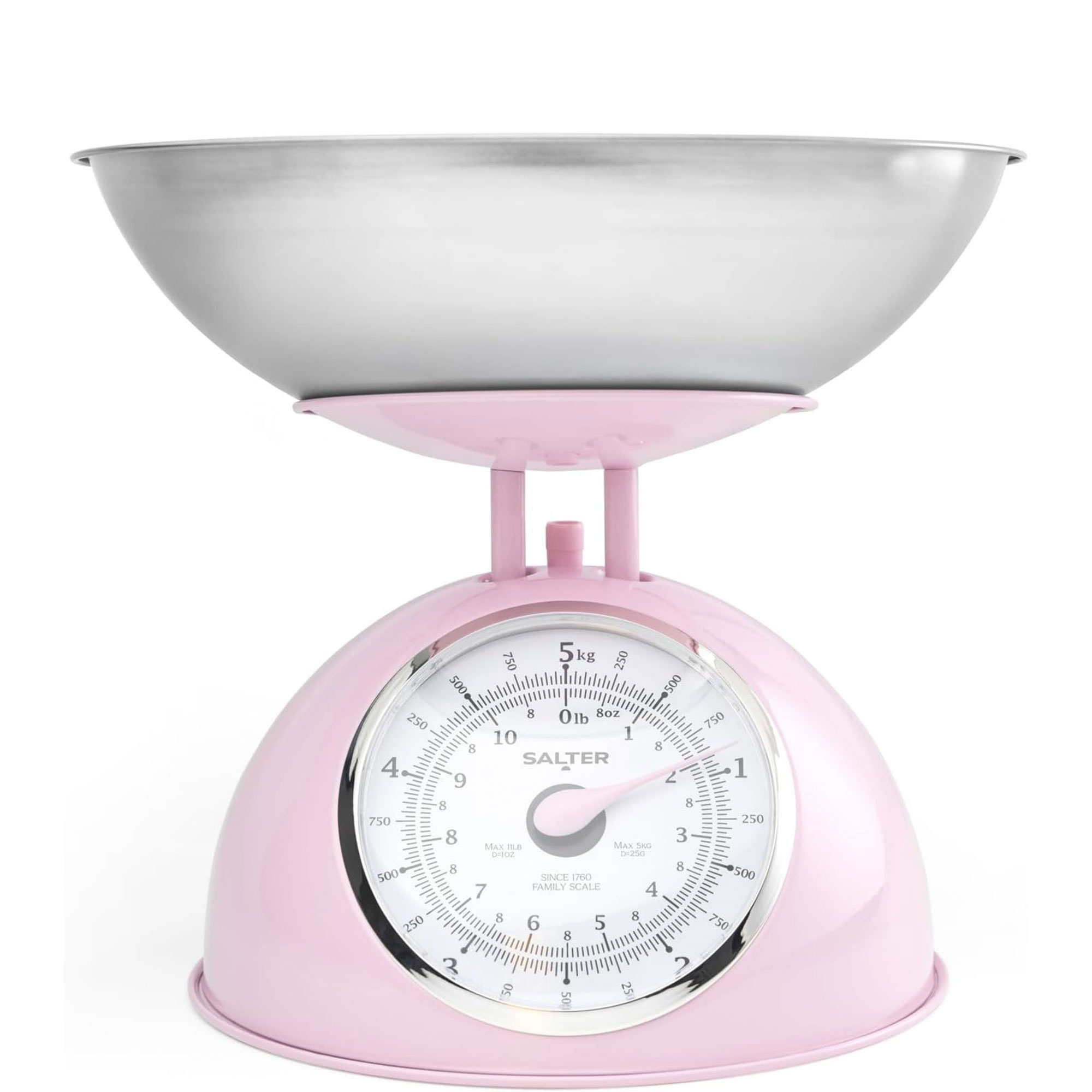 Salter Retro Pink Mechanical Kitchen Scale &amp;ndash; Easy Read Large Rotating Dial, 5kg Capacity, Traditional Baking Scale, 2 Litre Dishwasher Safe Bowl, Analogue Food Scale, 22 Cm Height, Classic Design