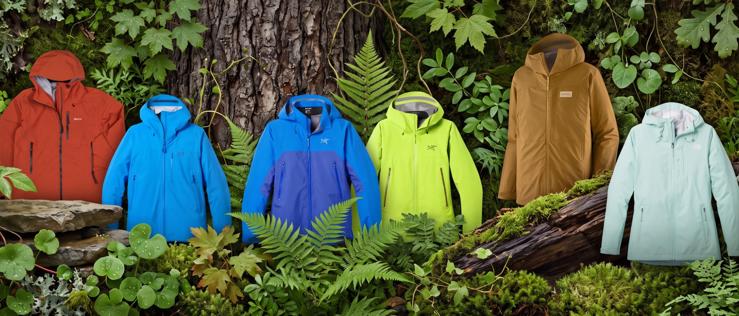 Selection of waterproof jackets against a background of trees on a rainy day