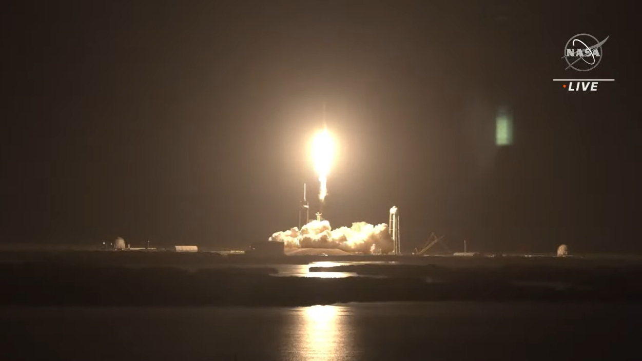 A SpaceX Falcon 9 rocket launches the Crew-4 astronaut mission for NASA on the new Crew Dragon Freedom from Pad 39A of NASA's Kennedy Space Center in Florida before dawn on April 27, 2022.