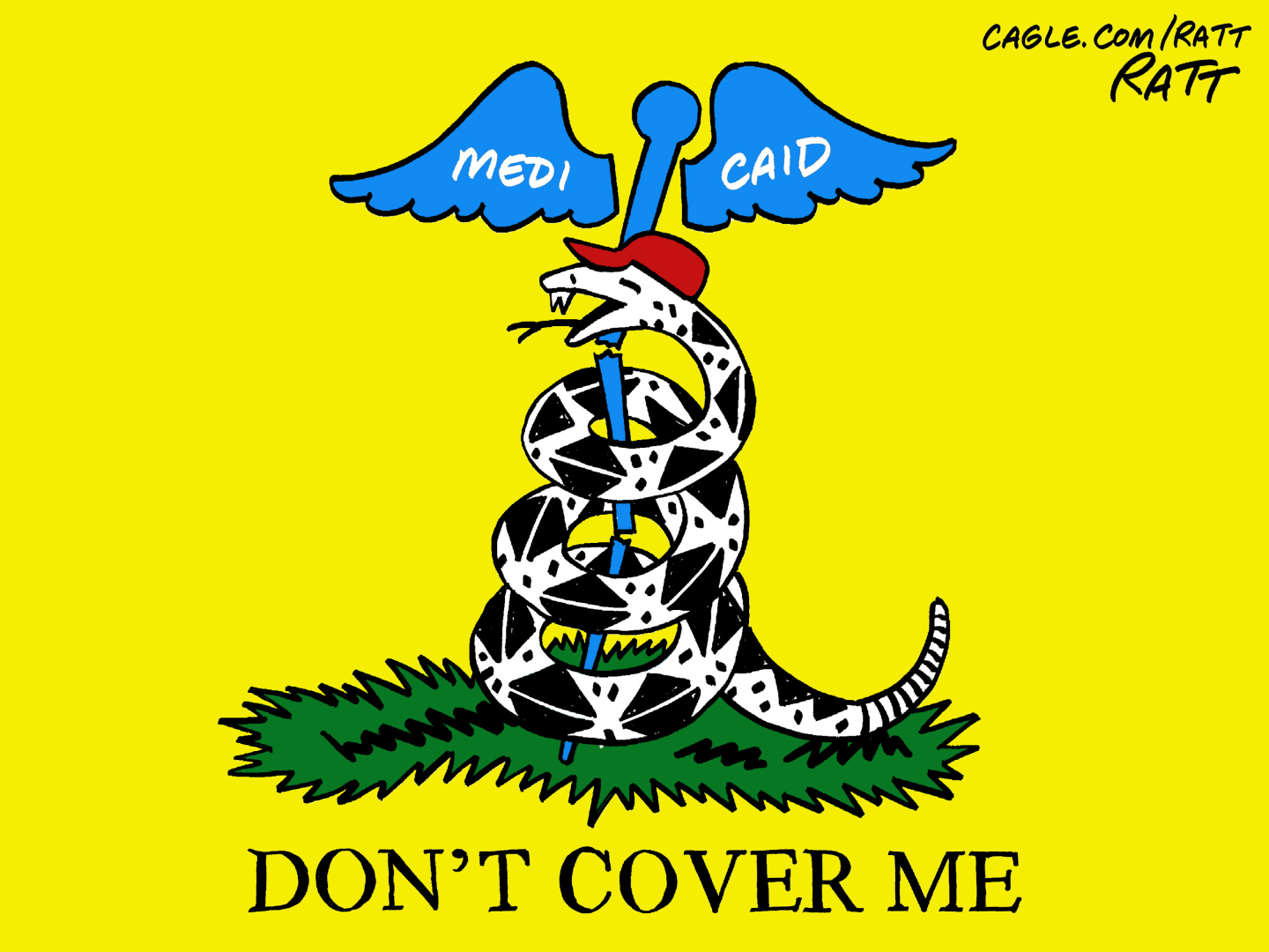 This is an editorial cartoon drawn to resemble the “Don’t Tread on Me” snake image. However, this cartoon is titled “Don’t Cover Me” and the snake wears a red MAGA hat and is coiled around a broken pole labeled “Medicaid.”