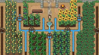 Roots of Pacha - a player stands in an irrigated field of sunflowers and vegetables