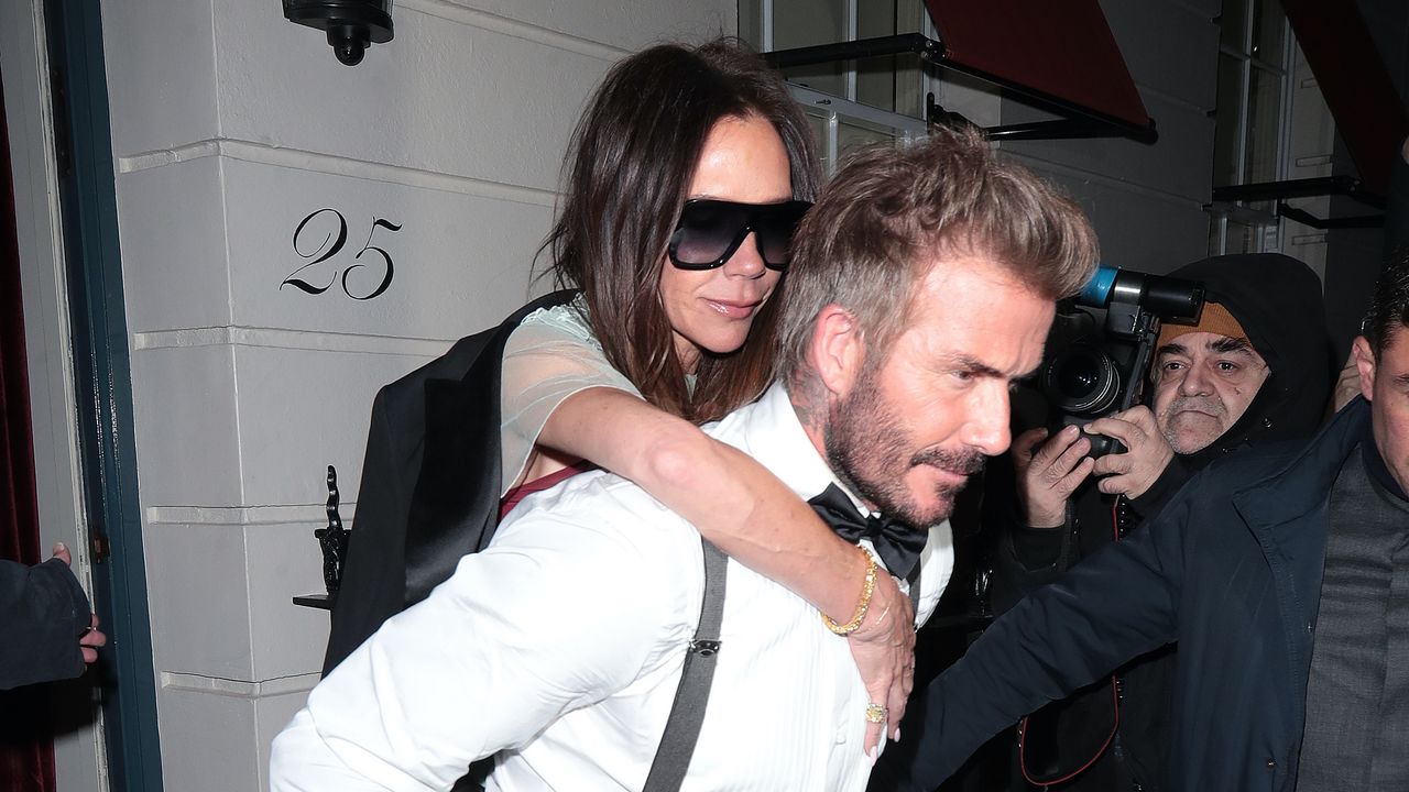 LONDON, ENGLAND - APRIL 20: David Beckham and Victoria Beckham are seen leaving Victoria Beckham&#039;s 50th Birthday Party at Oswald’s on April 20, 2024 in London, England. (Photo by Ricky Vigil M / Justin E Palmer/GC Images)