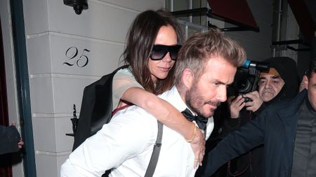 LONDON, ENGLAND - APRIL 20: David Beckham and Victoria Beckham are seen leaving Victoria Beckham's 50th Birthday Party at Oswald’s on April 20, 2024 in London, England. (Photo by Ricky Vigil M / Justin E Palmer/GC Images)